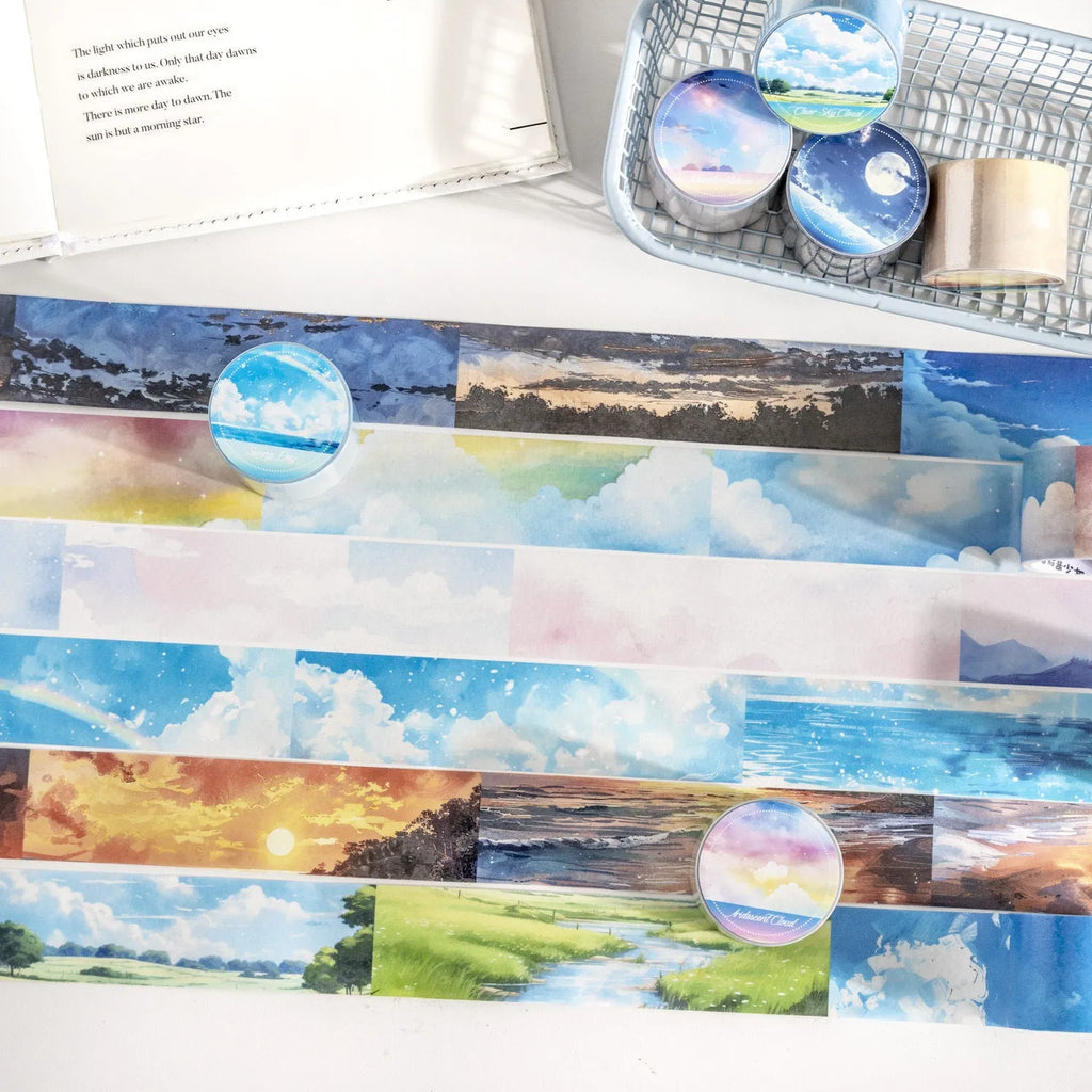 Roll of Japanese paper washi tape with sky theme designs showing colourful cloud pattern