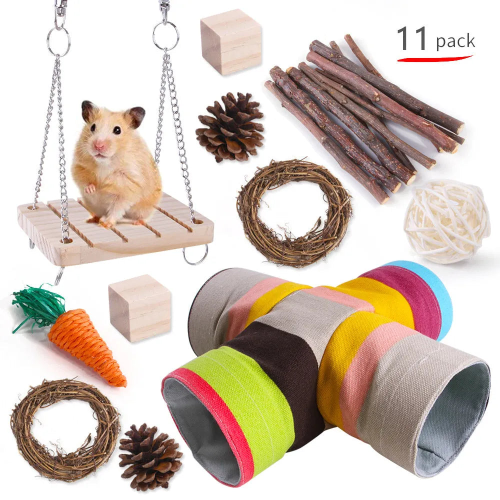 Wooden chew toy sets for rabbits, guinea pigs and parrots with various natural components