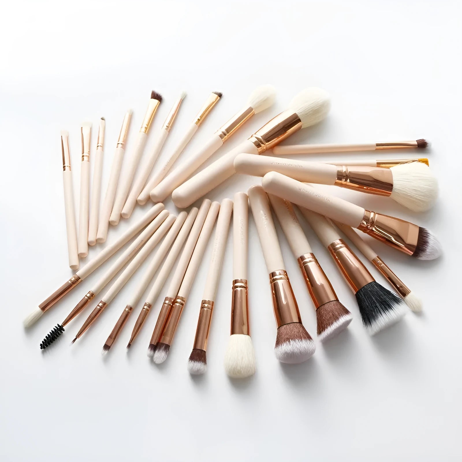 26 pink wooden handle makeup brushes arranged in a pink PU zip case.