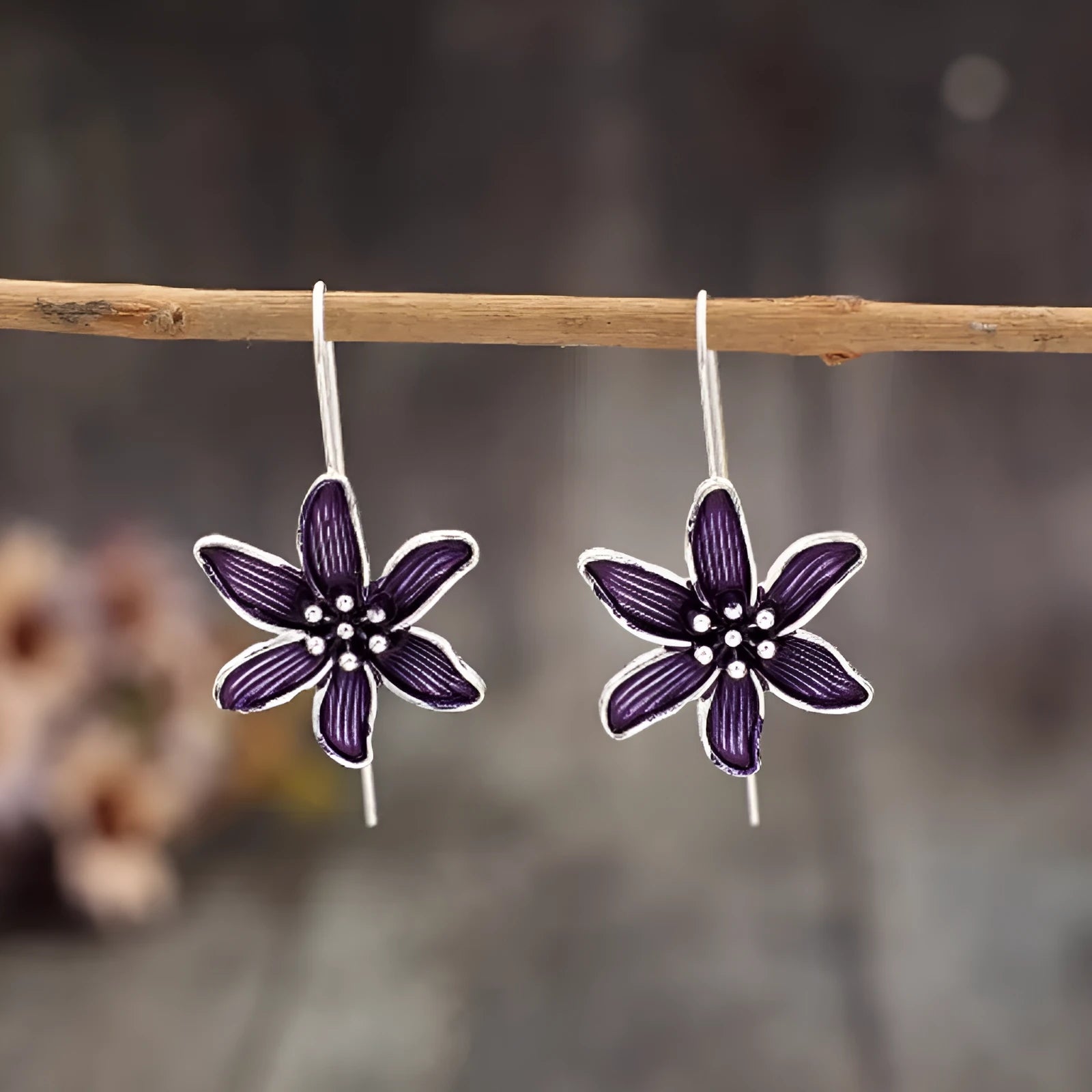 Purple flower-shaped retro earrings with alloy construction and electroplated finish