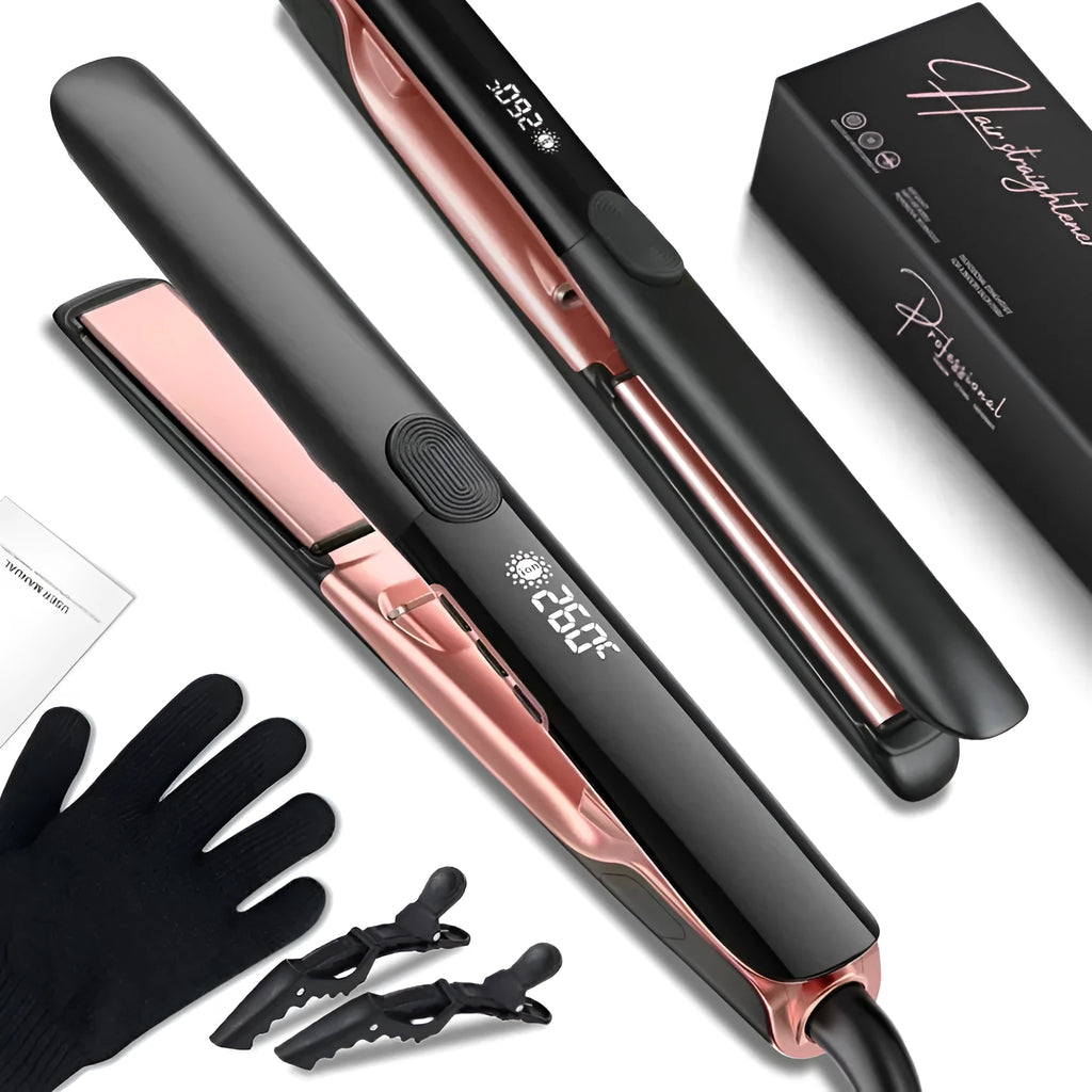 White hair straightener with digital temperature display, ceramic plates, and a fixed EU power cable.