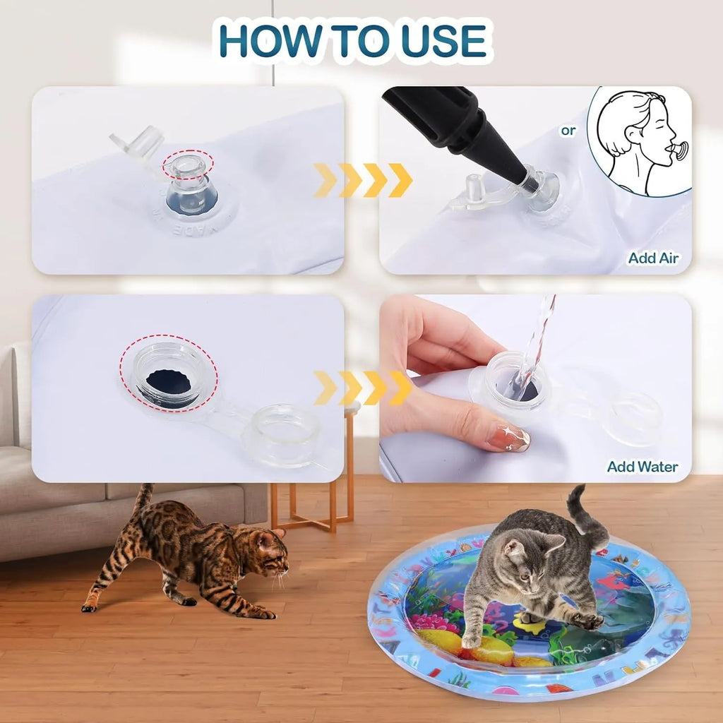 Square blue water sensory playmat for cats on floor, showing ocean fish design and floating toys inside.