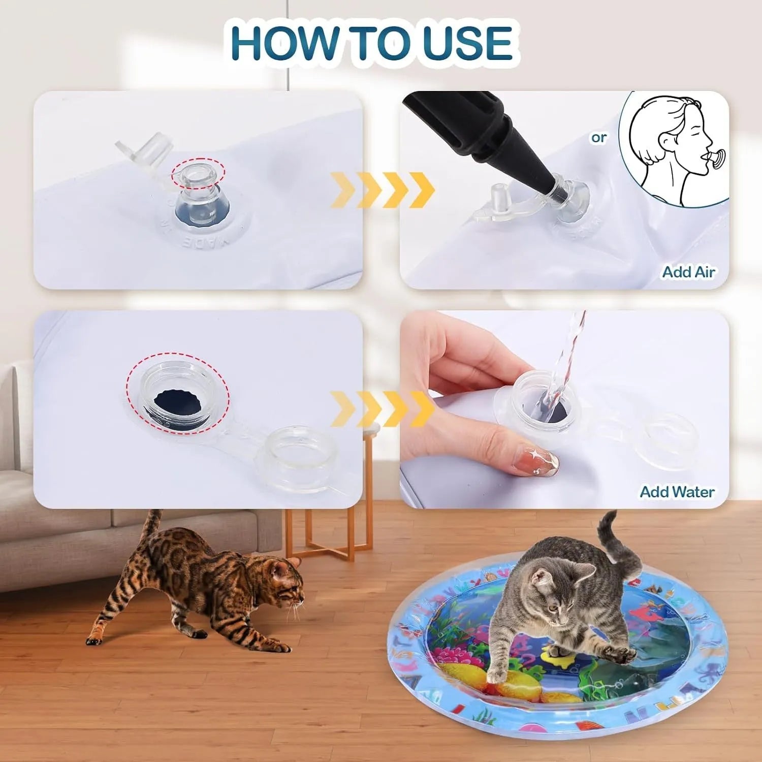 Square blue water sensory playmat for cats on floor, showing ocean fish design and floating toys inside.
