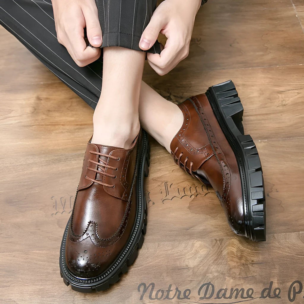 Men's black business brogue shoes with round toe design and artificial leather upper