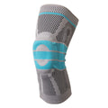 Sky blue elastic fibre knee pads shown in sizes S, M, L, and XL for sports.