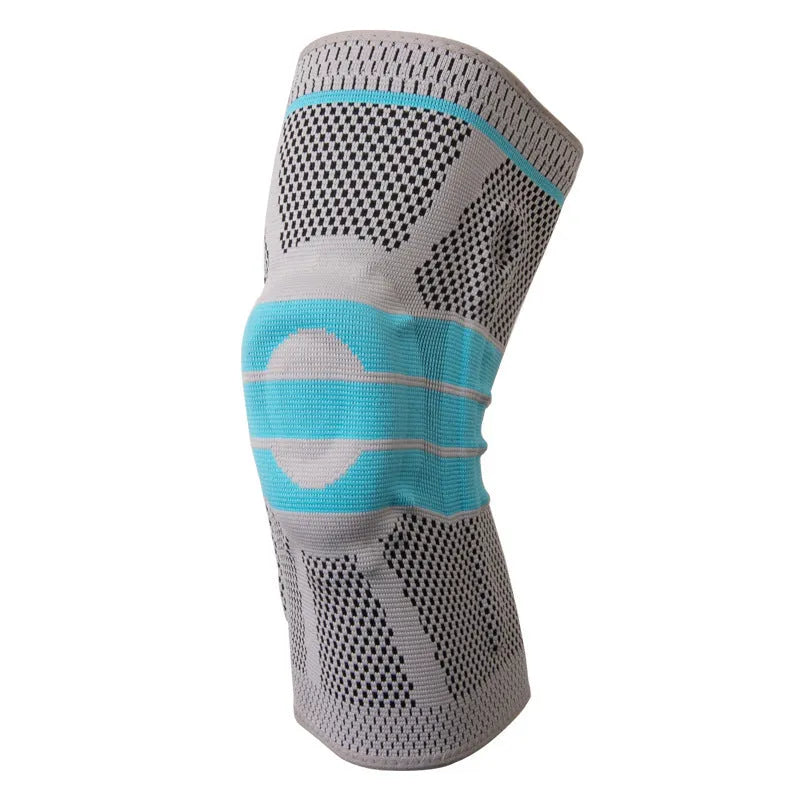 Sky blue elastic fibre knee pads shown in sizes S, M, L, and XL for sports.