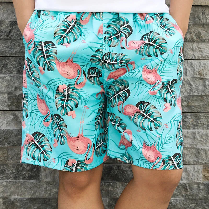 Men's floral printed swimming trunks with five-point design in quick-dry polyester material