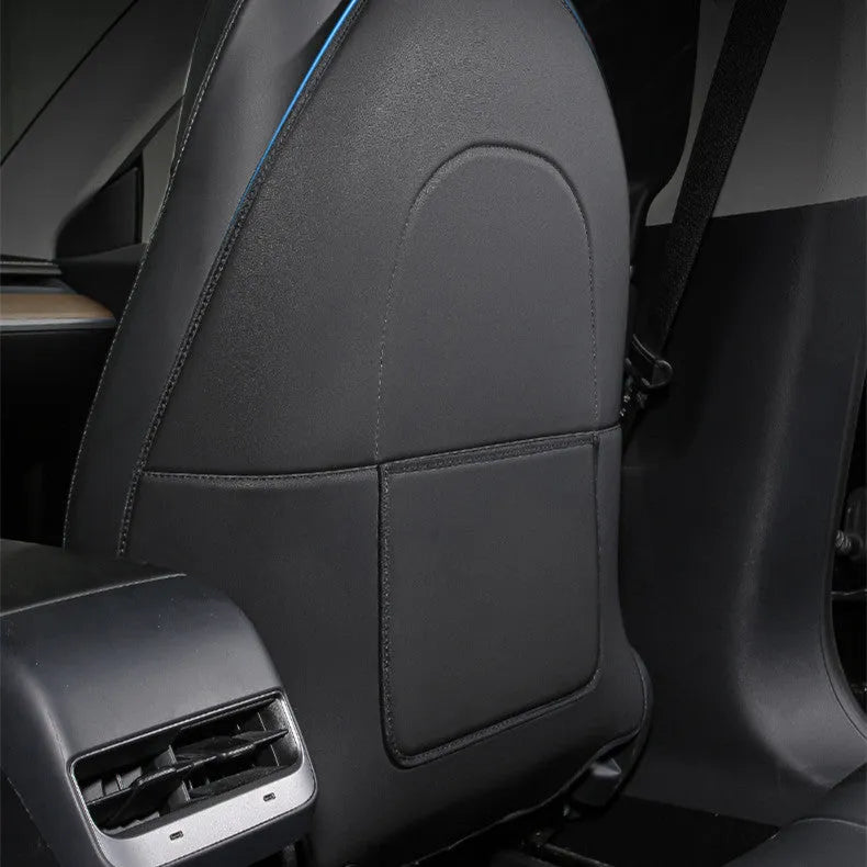 Black leather rear anti kick pad for car seat protection, showing single pocket and dimensions.