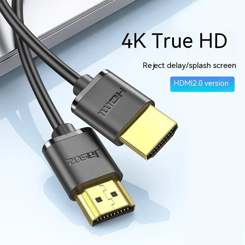 Thin flexible HDMI cable with gold-plated connectors in HDMI Hairline Rule colour, shown at various lengths.