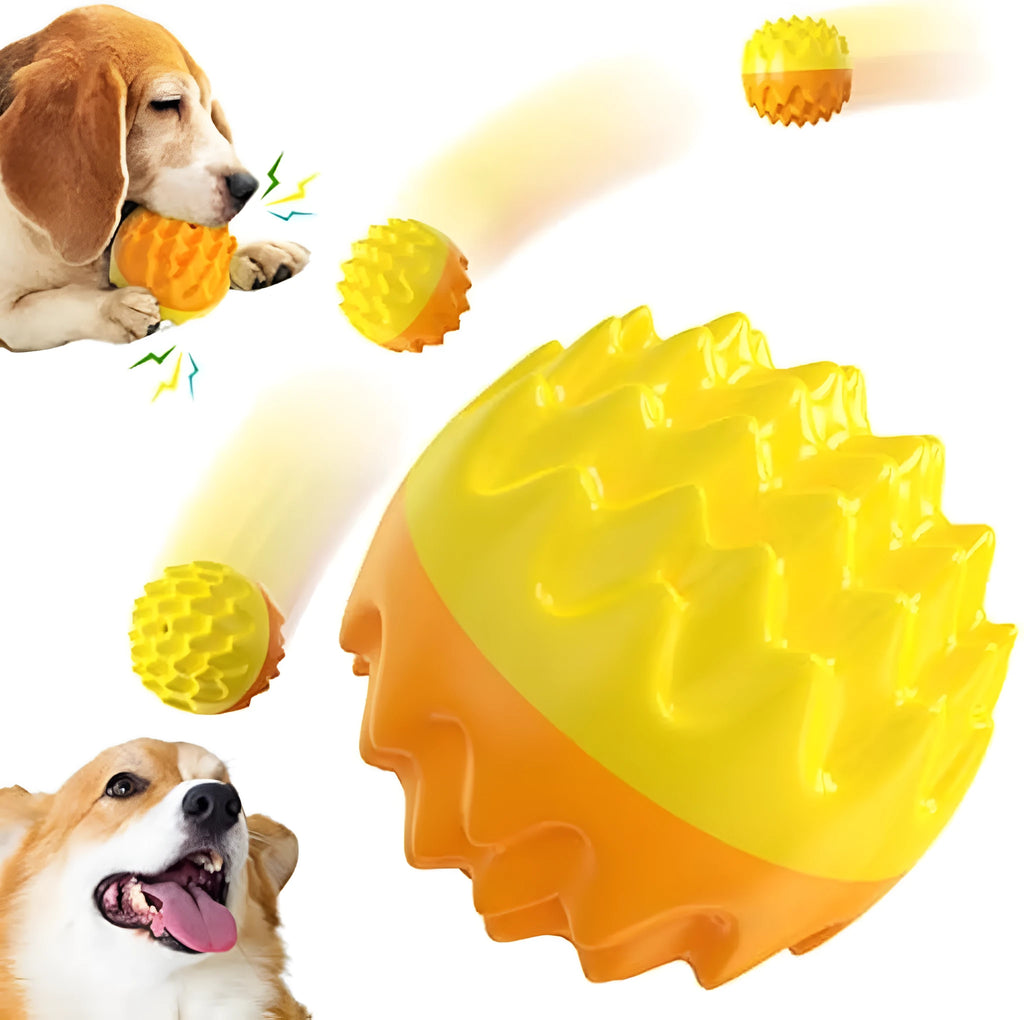 Blue and orange squeaky spiky rubber dog ball for aggressive chewers and dental health.