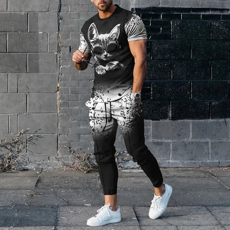 Man wearing a solid-colour short-sleeve top and matching trousers from a polyester sports set.