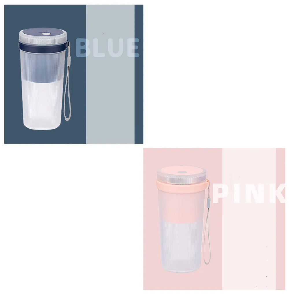 Portable USB rechargeable blender juicer cup in blue with 300ml capacity and stainless steel blades