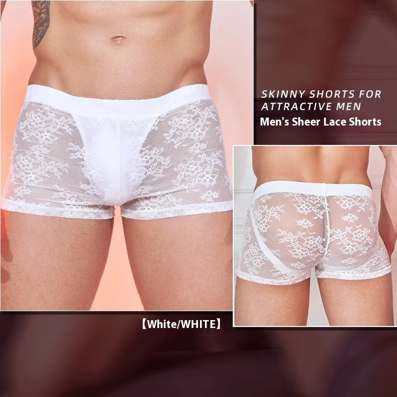 Men's black lace detail nylon boxers on a white background