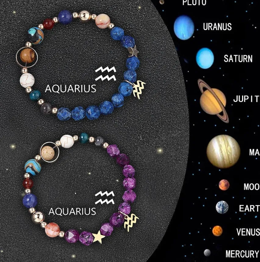 Natural stone bead zodiac bracelet set showing all twelve astrological signs