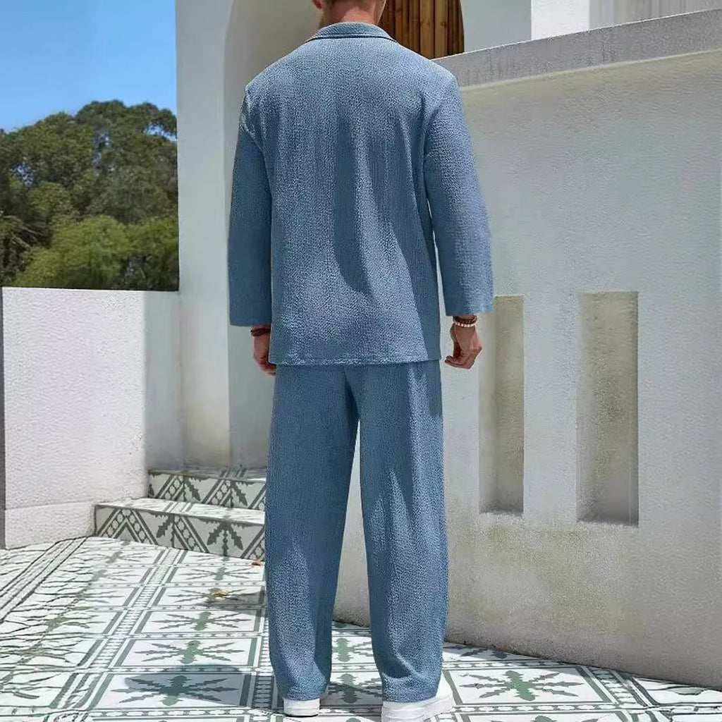 Men's casual shirt trousers suit in lake blue colour, two-piece set for autumn leisure wear