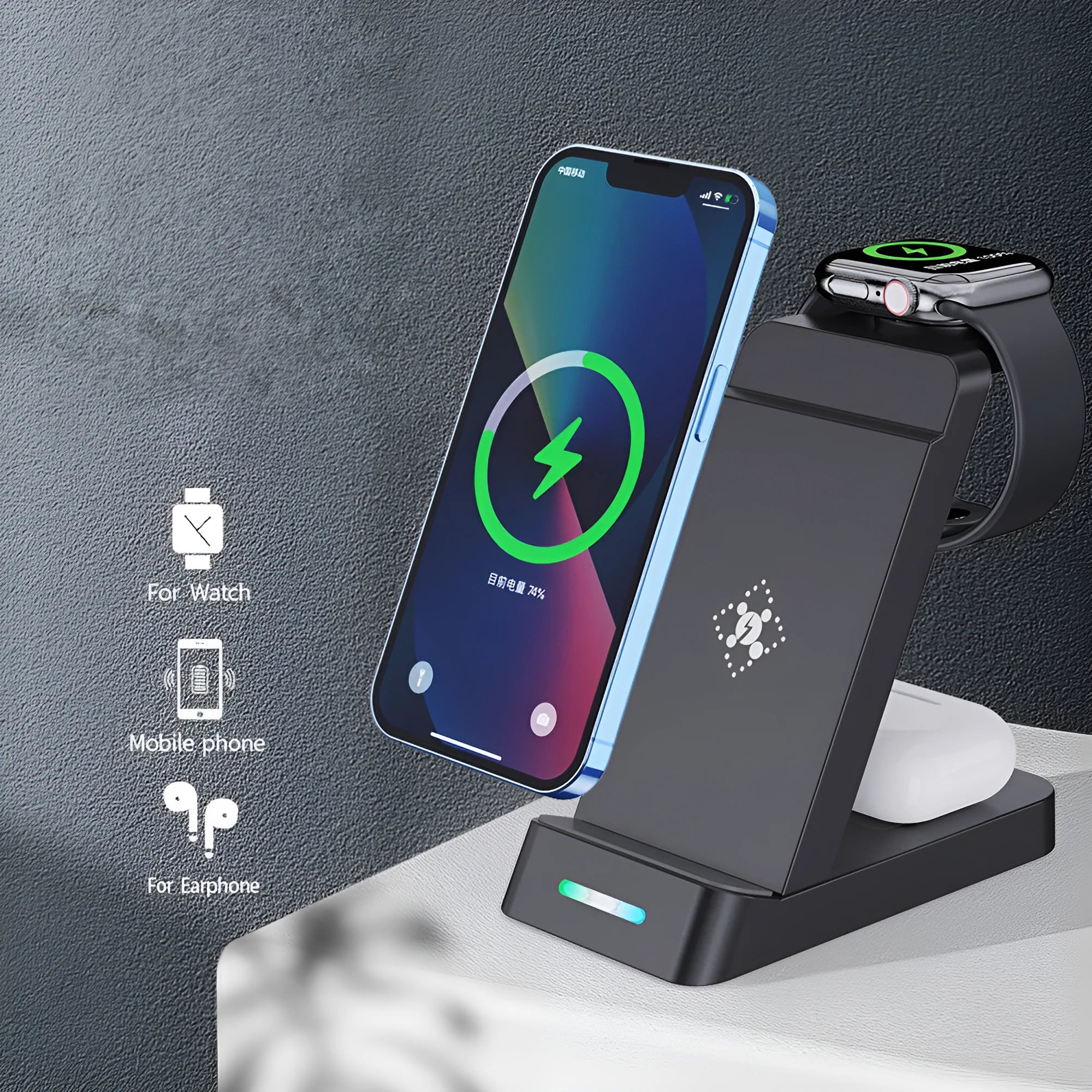 Black 3-in-1 wireless charging station for phone, AirPods and iWatch on a desk.
