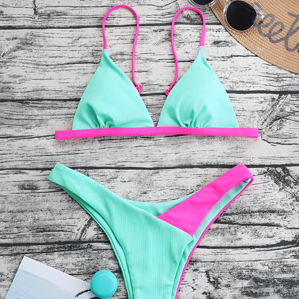 Women's two-piece nylon swimsuit briefs set in pattern design with bra top