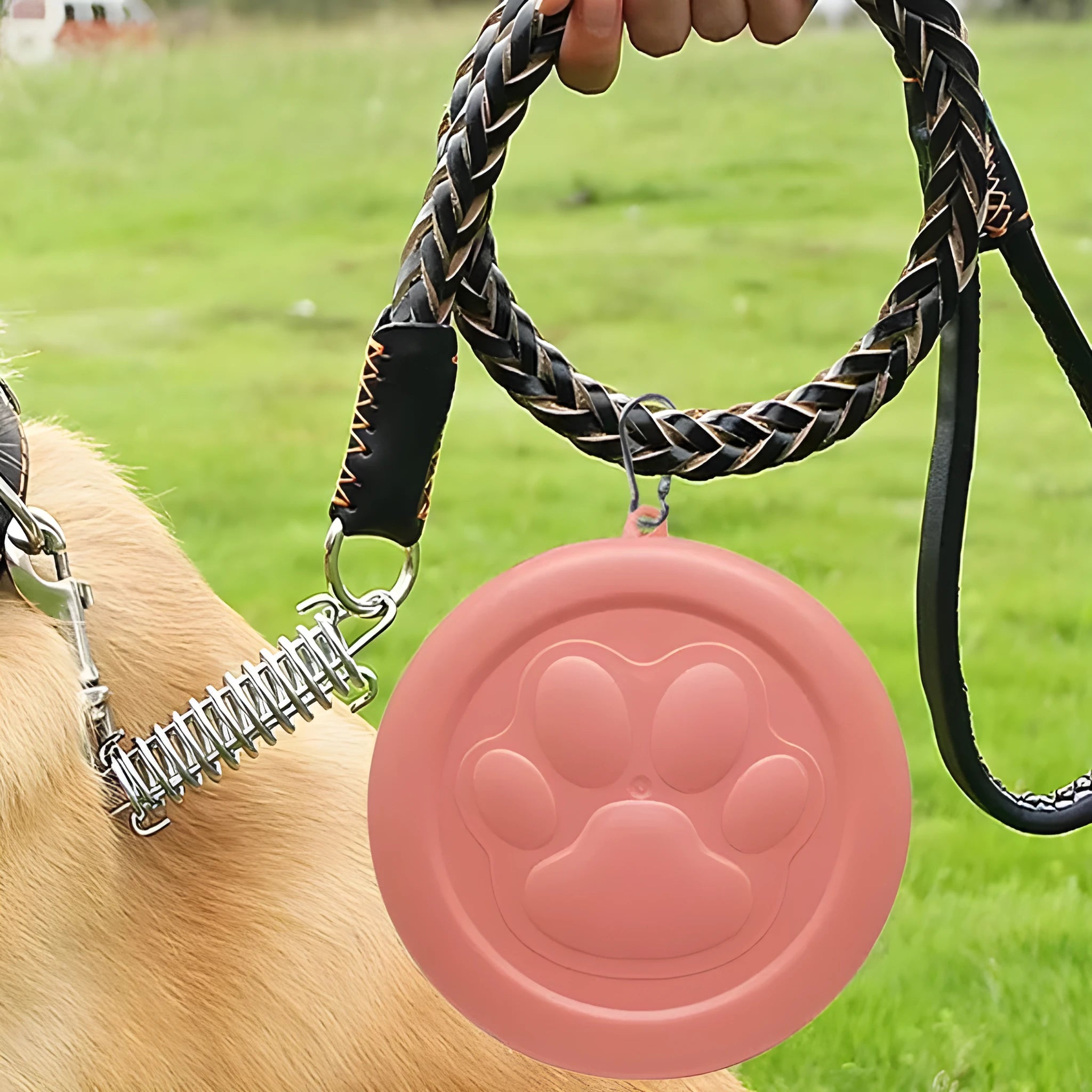 Portable plastic dog feeding bowl in green and pink colour options for outdoor use