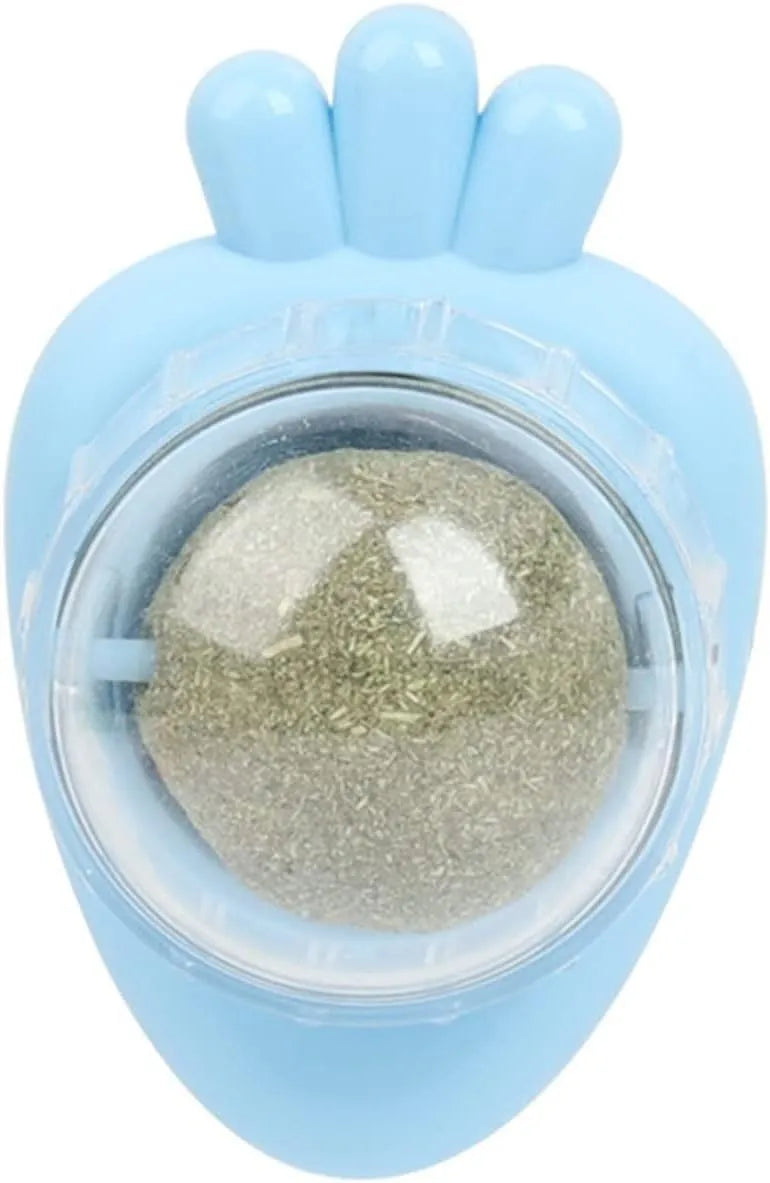 Blue carrot-shaped catnip ball with self-adhesive backing for wall-mounted dental cleaning