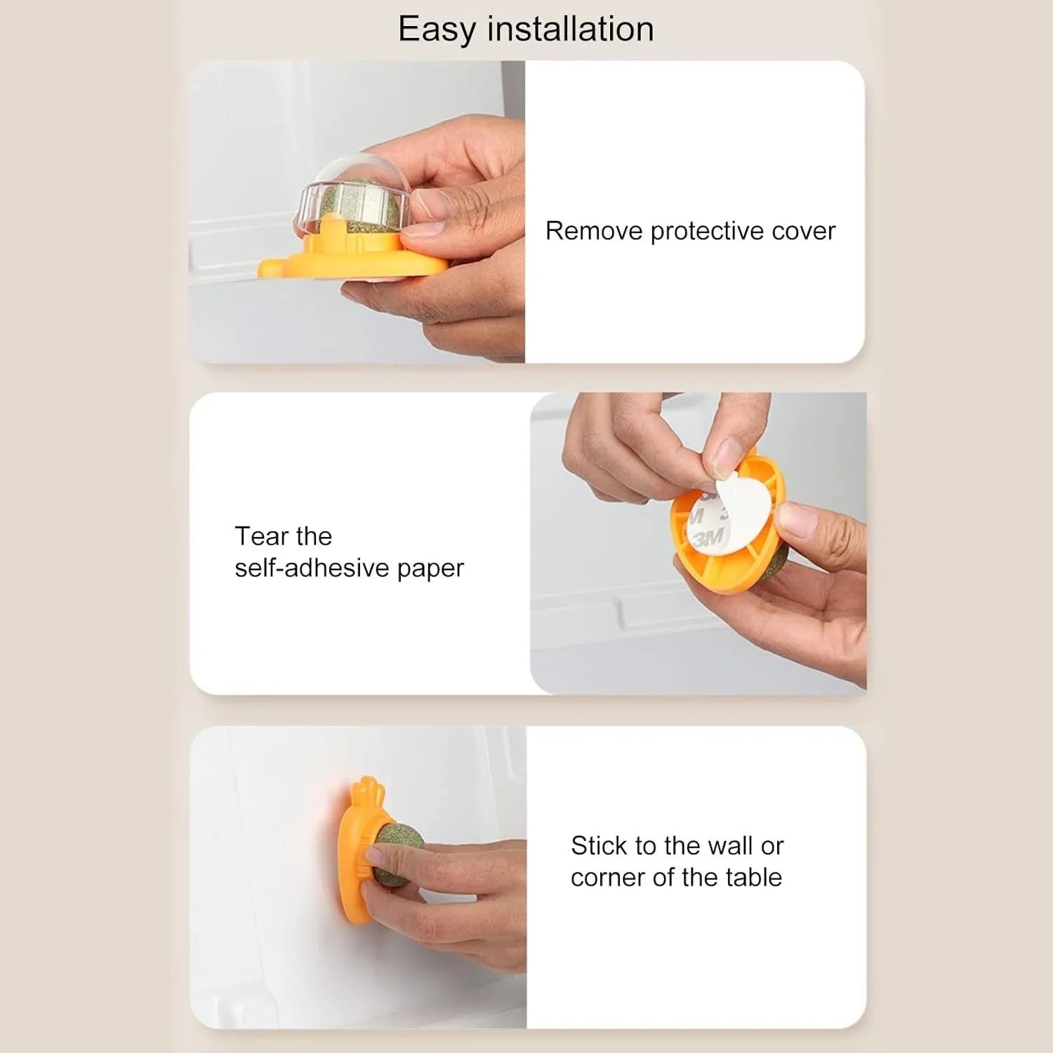 Blue carrot-shaped catnip ball with self-adhesive backing for wall-mounted dental cleaning