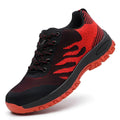 Red summer safety shoes with steel toe cap and breathable mesh upper on a white background.