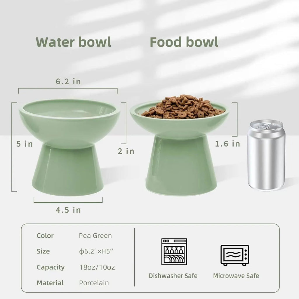 Blue ceramic elevated cat food bowl with wide shallow design next to a matching water bowl.