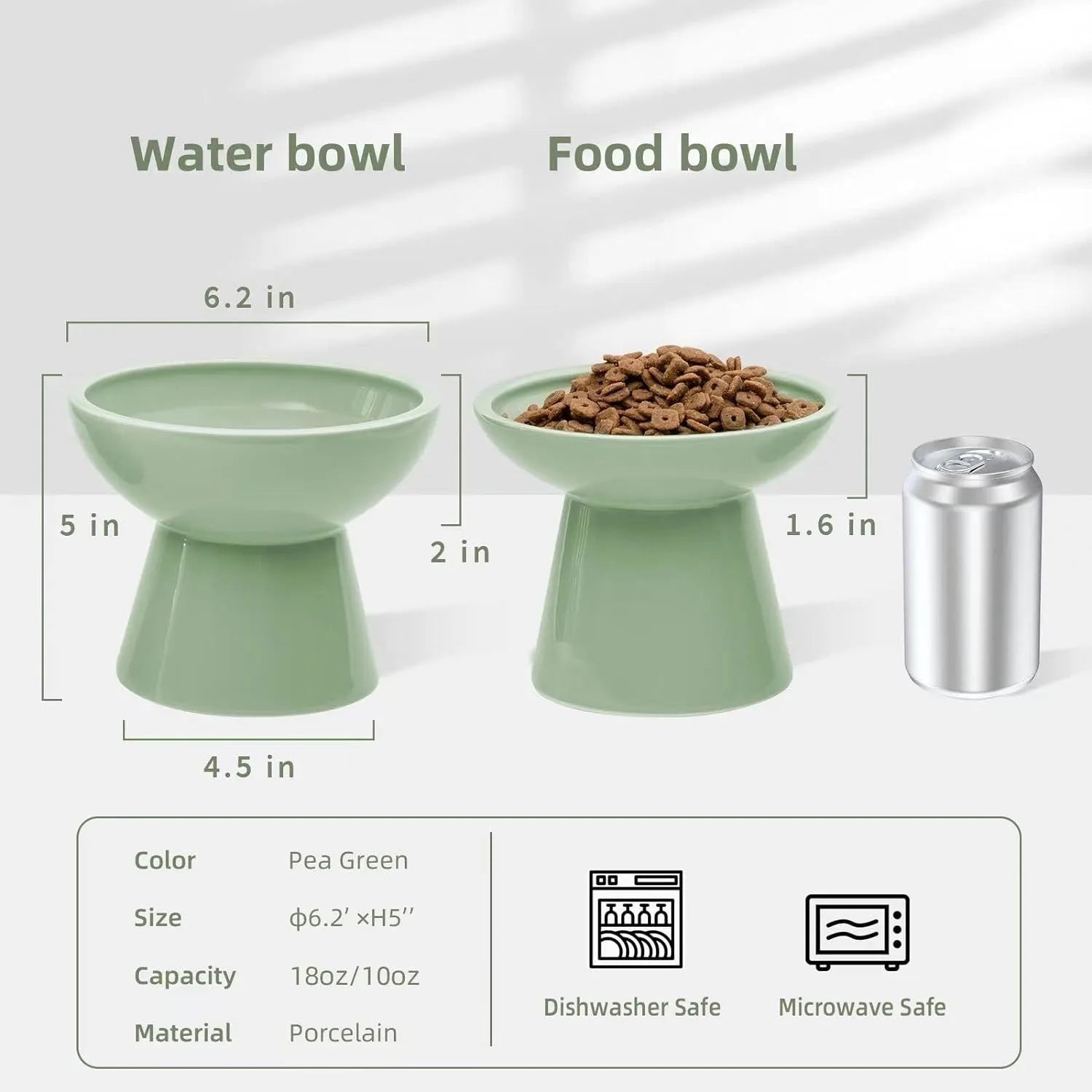 Blue ceramic elevated cat food bowl with wide shallow design next to a matching water bowl.