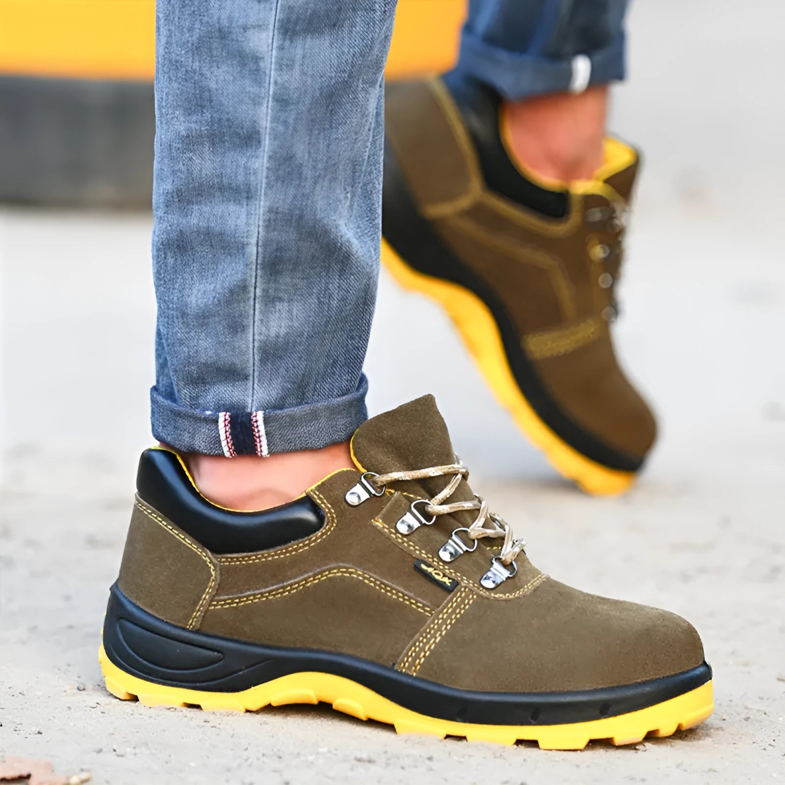 Bronze cow suede leather steel toe safety boots with non-slip sole on workplace surface