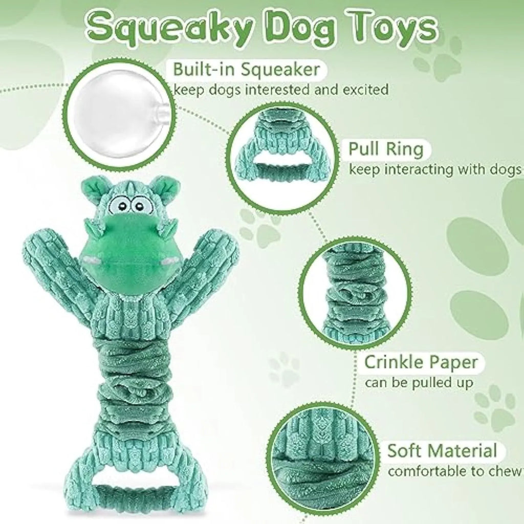 Large plush hippo or monkey dog toy with a handle base for tug-of-war games.
