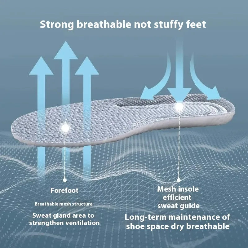 Grey, black, and orange breathable sports insoles made from soft PU, shown with size guide from 35 to 46.