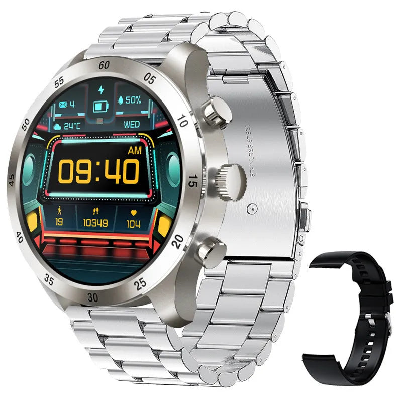 Black smart watch with touch screen displaying heart rate and call functions