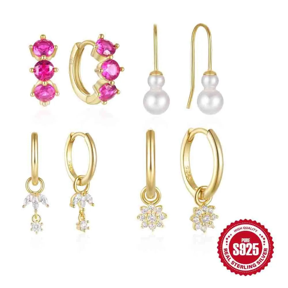 S925 sterling silver geometric sunflower earrings with golden three-diamond zircon stones