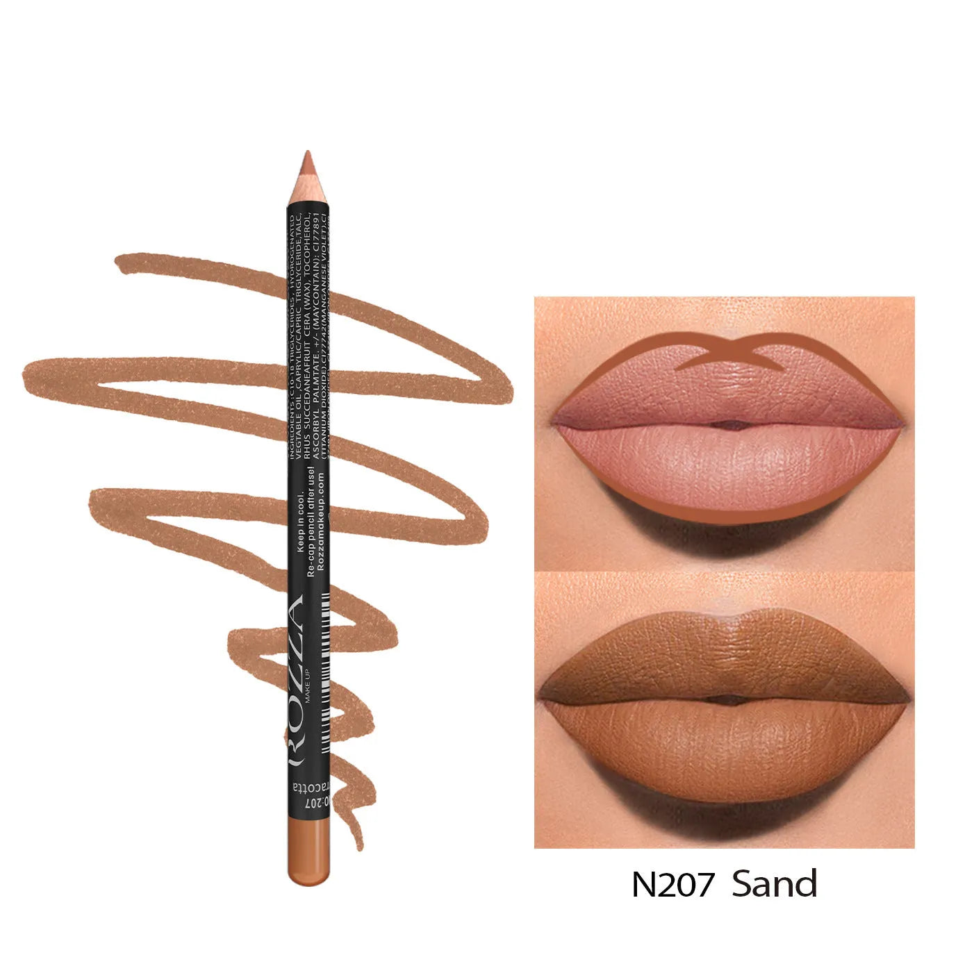 Matte lip liner in wood finish showing rich colour payoff with 14 shade options from 201 to 214
