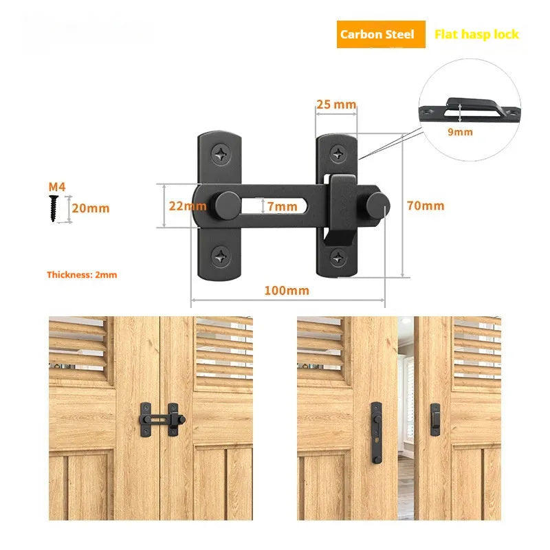 Black carbon steel and stainless steel sliding door lock with 90-degree hasp for barn and warehouse doors