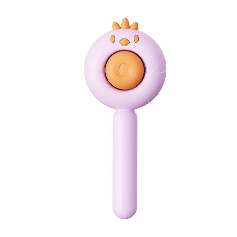Purple pet grooming brush with stainless steel bristles and cleaning button