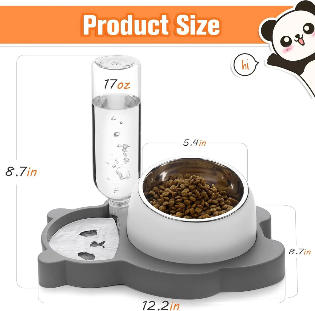Grey panda-shaped pet feeder with tilted stainless steel bowl and automatic water bottle