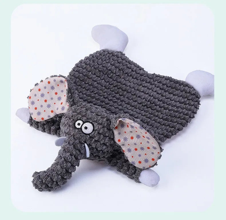 Brown plush velvet fox dog toy with sound paper core, shown next to grey elephant and orange cat versions.
