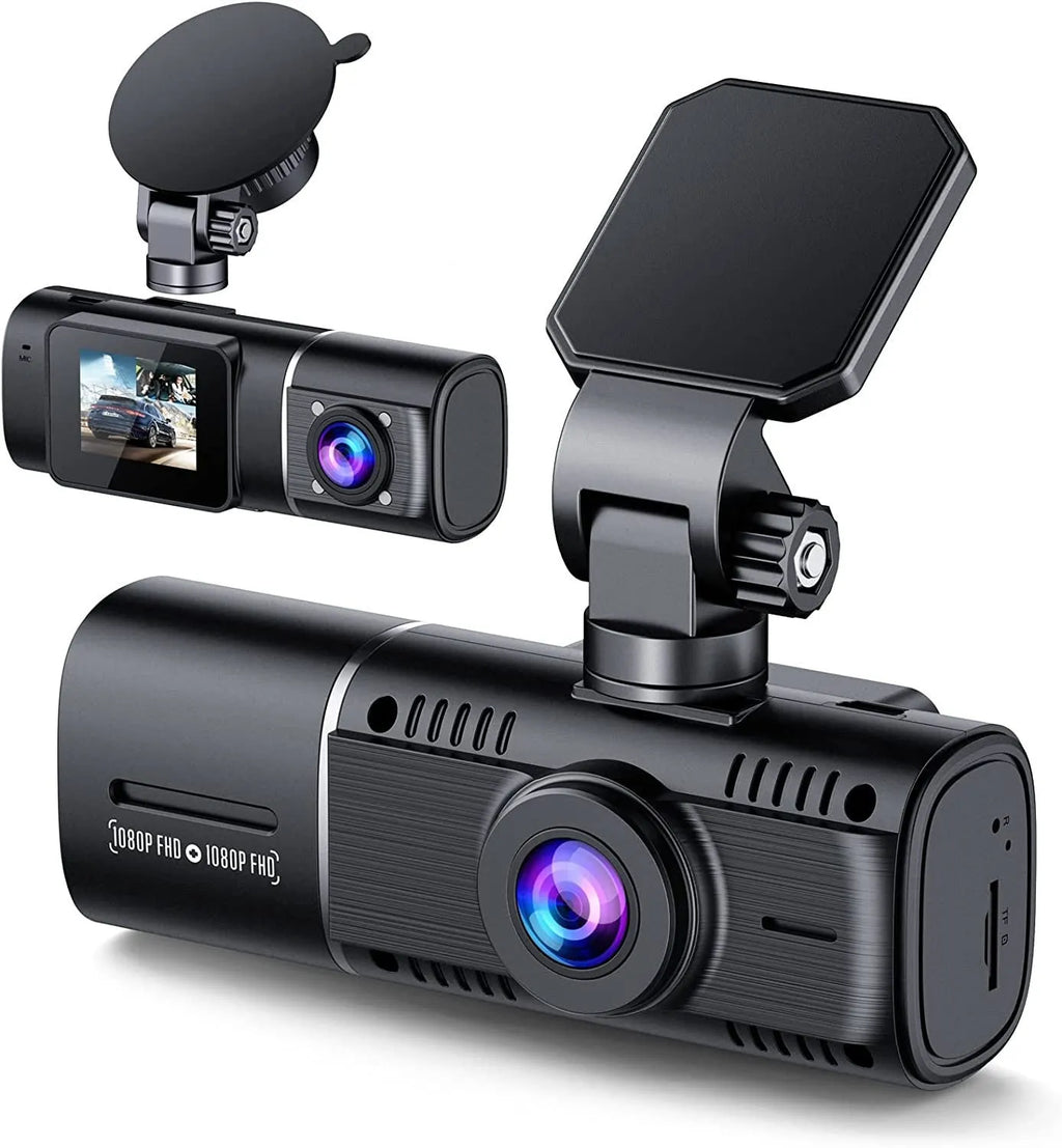 Black dual-channel dash cam on a car windscreen with front and rear recording, 1.5-inch screen.