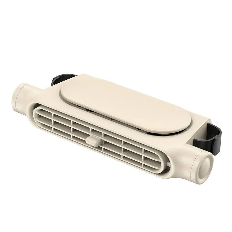 USB car fan with clamp mount and Velcro, shown in beige colour with a detached data cable.