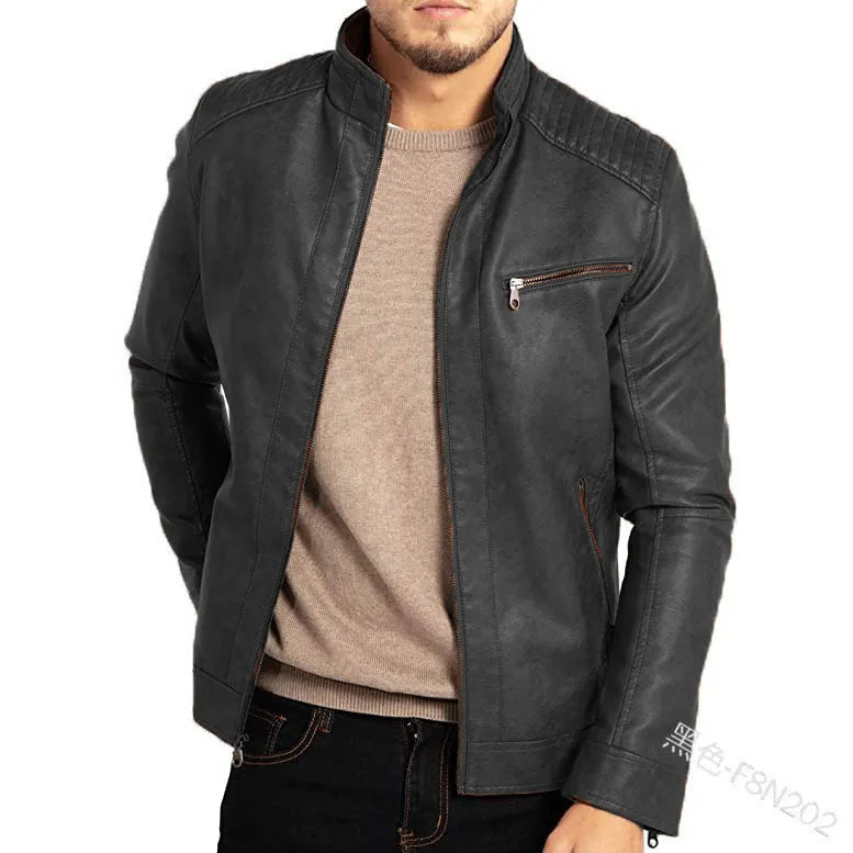 Men's brown artificial leather punk motorcycle jacket with stand collar and straight hem.