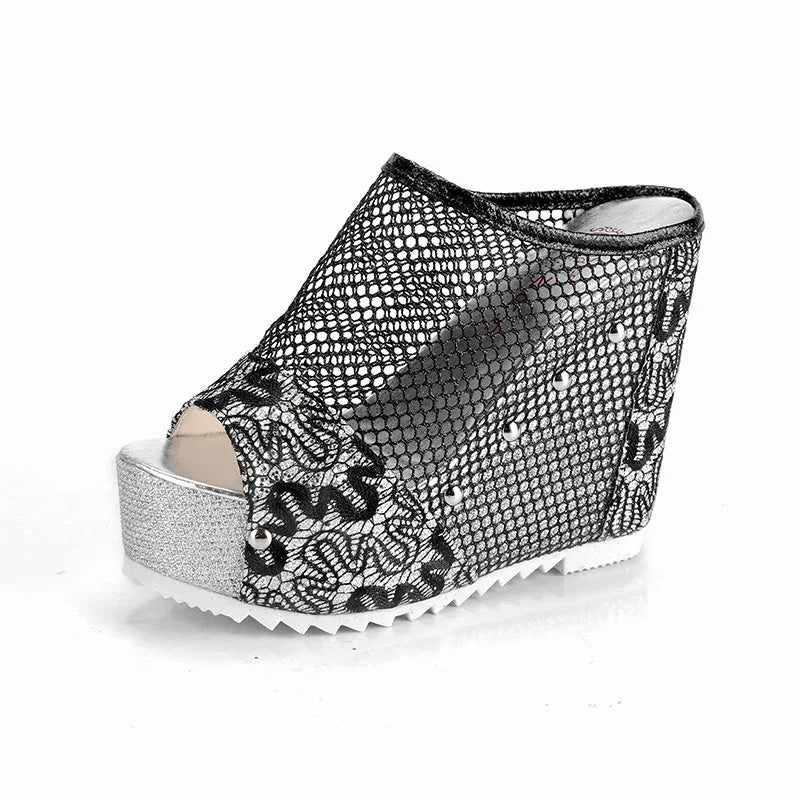 Korean women's platform sandals with hollowed heels, mesh upper, and chunky waterproof soles in gold.