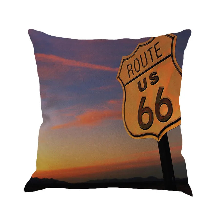 Square linen cushion cover with a landscape pattern, shown in one of six available colours, dimensions 45 by 45 cm.