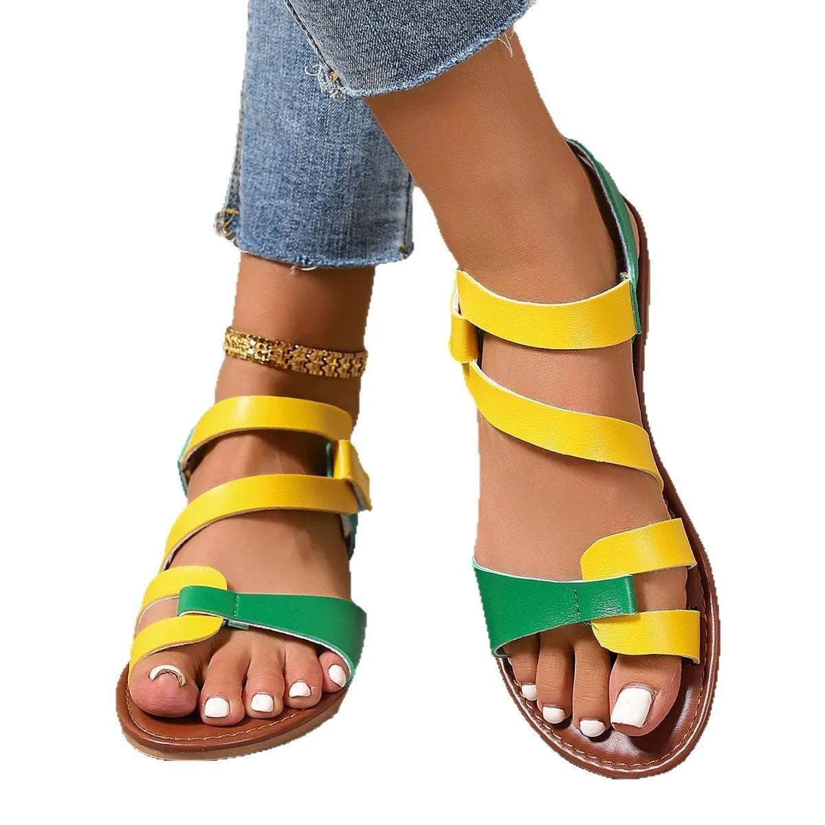 Women's flat sandals with Velcro strap in black, brown, and colourful on a rubber sole.