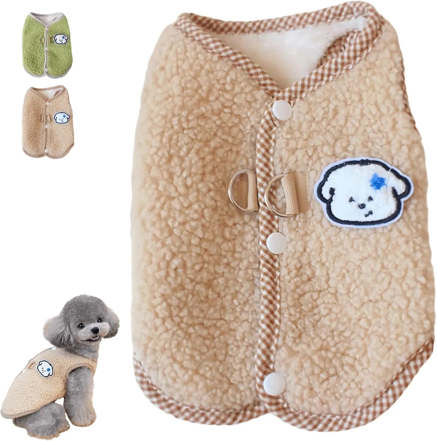 Green coral fleece dog vest with a D-ring leash attachment on a small dog.