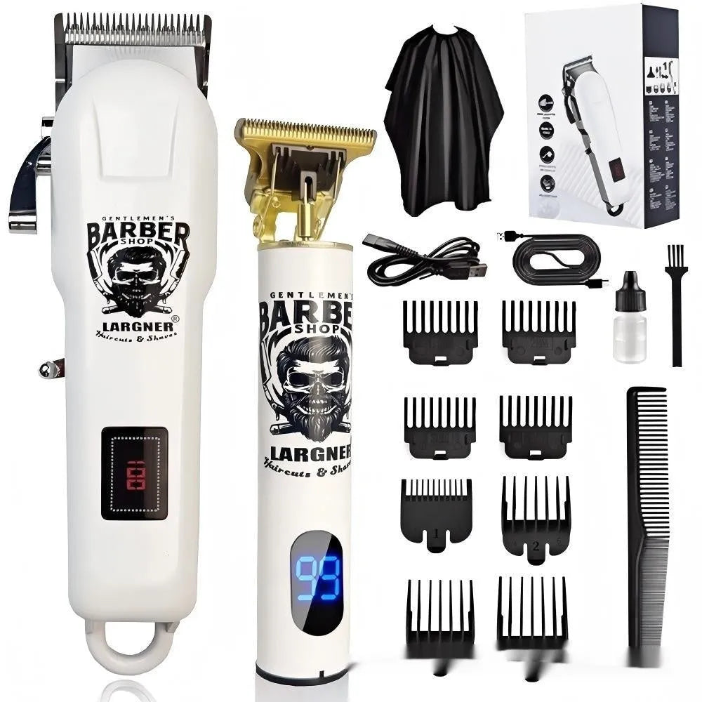 Rechargeable hair clipper with stainless steel cutter head and plastic guards on white background