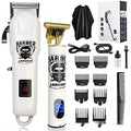 Rechargeable hair clipper with stainless steel cutter head and plastic guards on white background