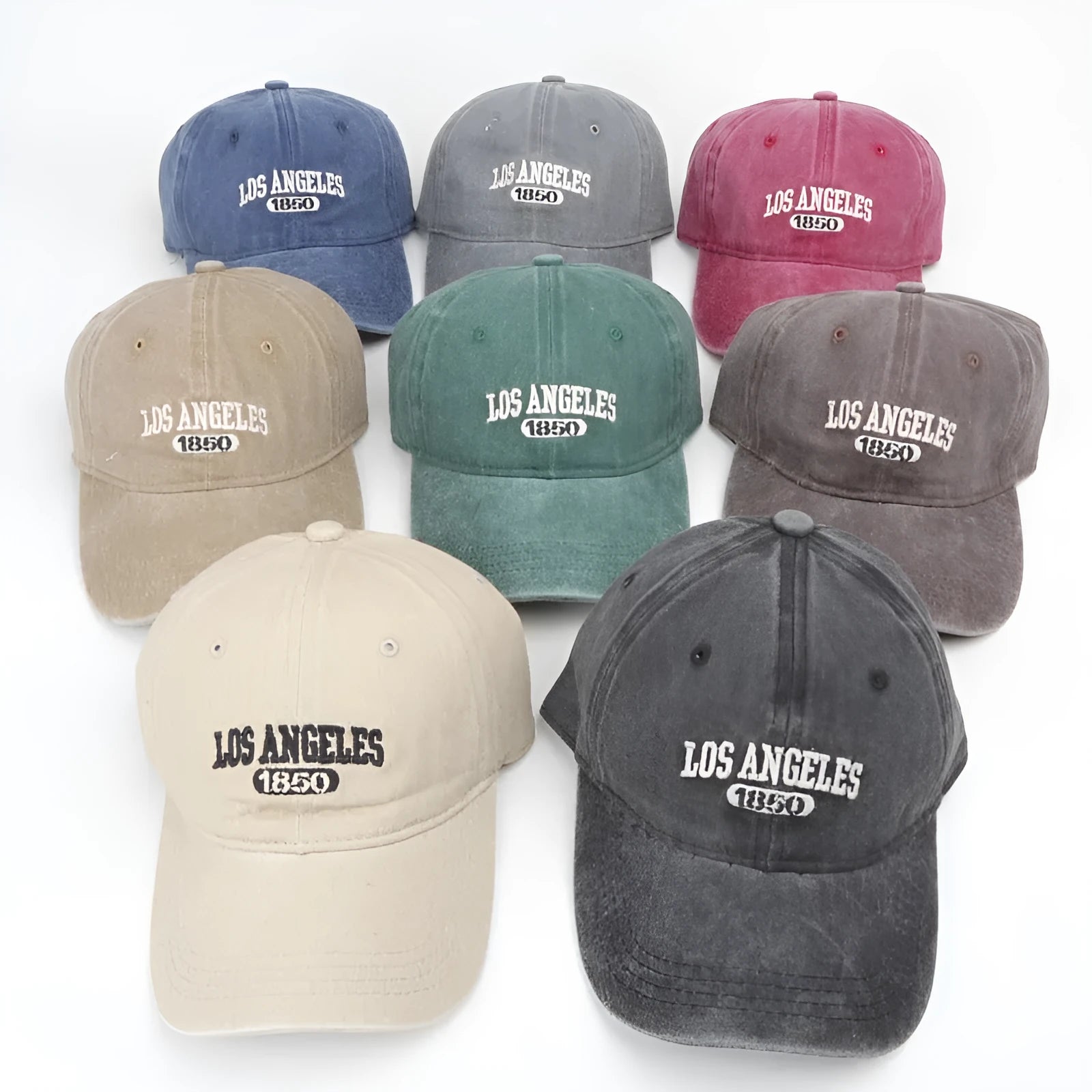 Retro peaked cap with distressed letter embroidery and adjustable sizing in conical crown design