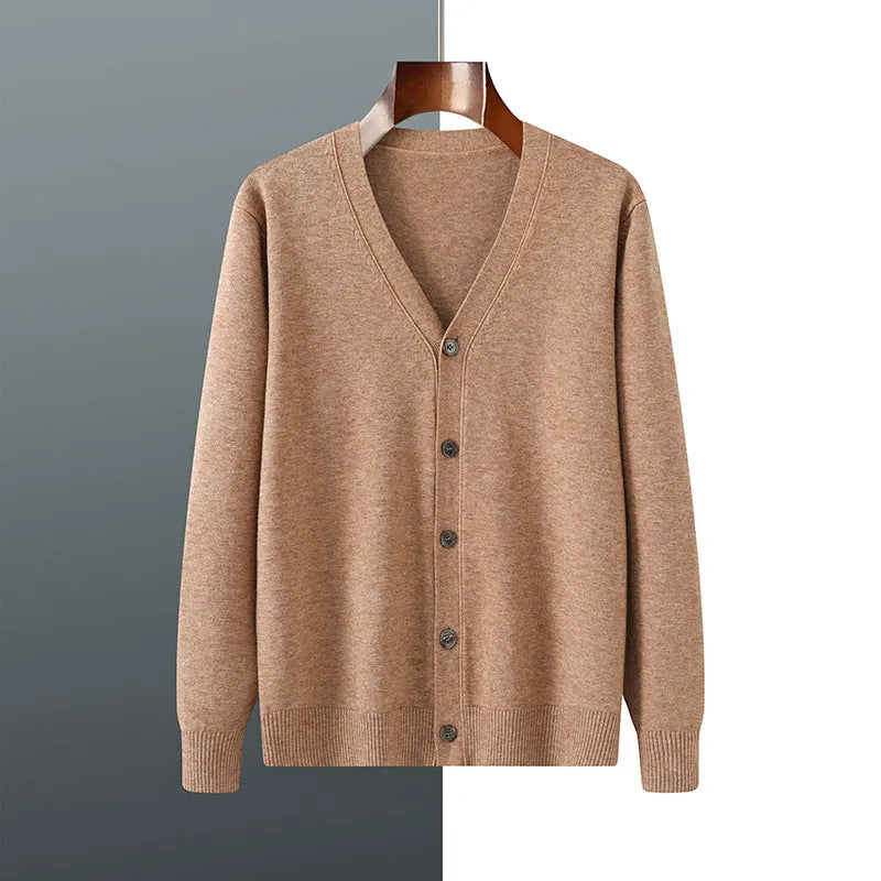 Men's V-neck cardigan coat in Andy velvet fabric showing loose fit and long sleeve design