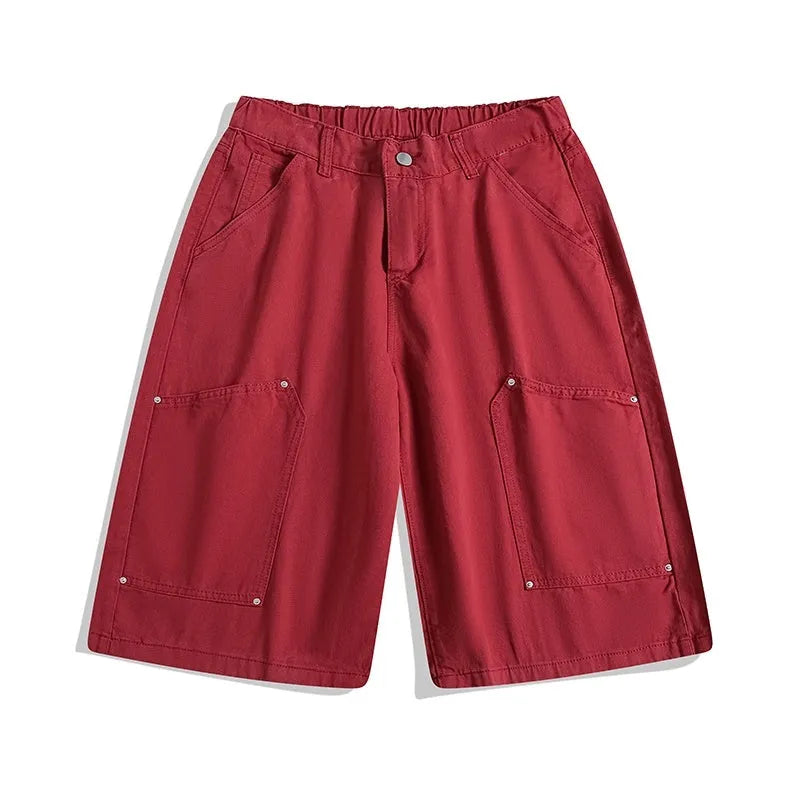 Loose fit workwear cropped pants with wide-leg silhouette in apricot, red, or army green colours