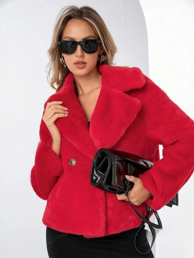 Women's loose short faux fur coat in rose red with regular sleeves